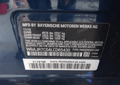 2020 BMW 530I xDrive z USA, uszkodzony, nr VIN WBAJR7C04LCD65430